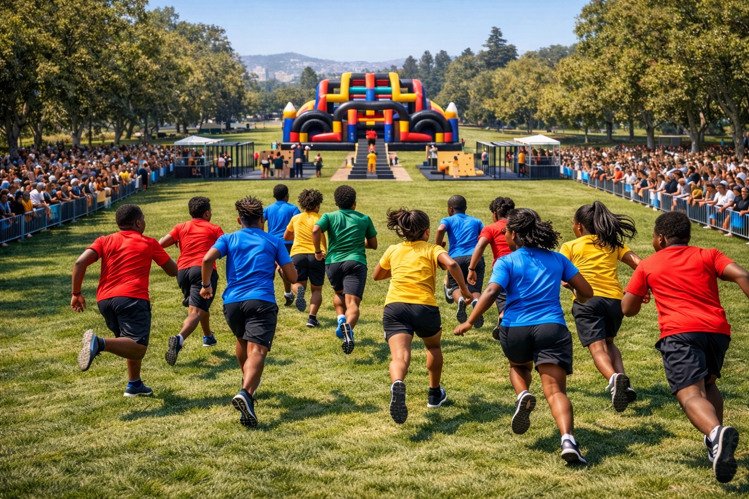 Creative concept of team competitors approaching a large portable obstacle course